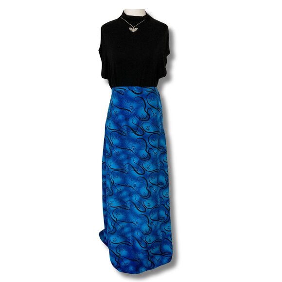 VINTAGE Blue black floral vine print long skirt ~ MEDIUM LARGE whimsigoth maxi - Picture 2 of 7